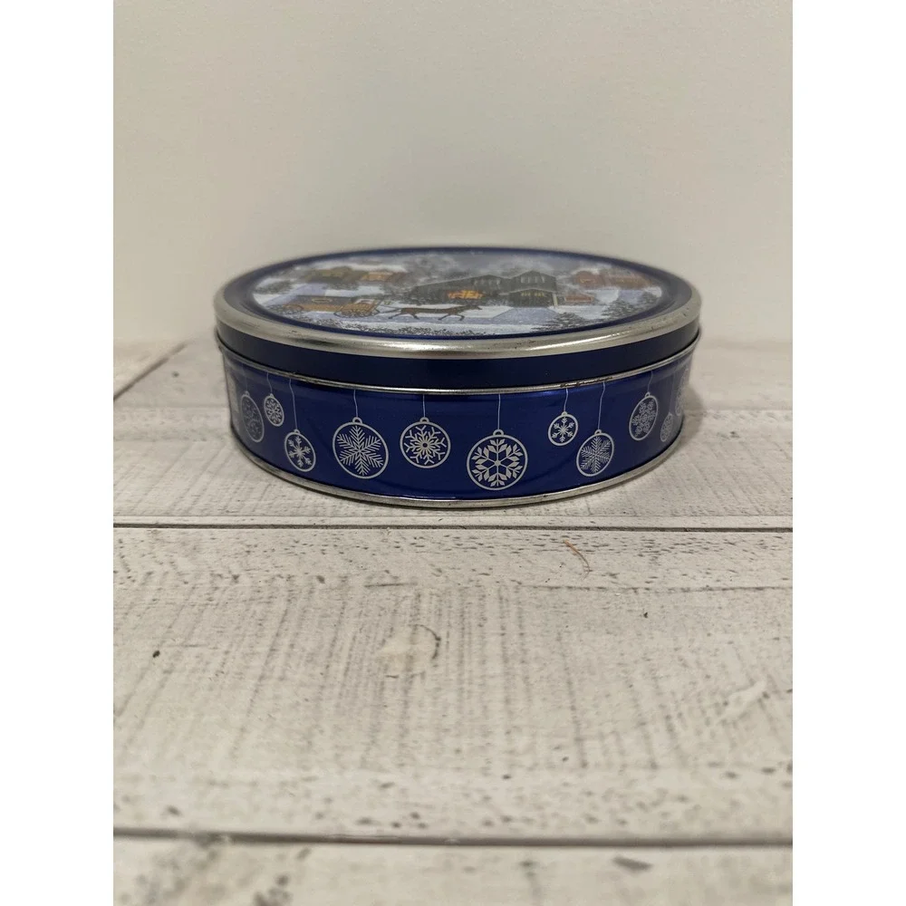 Sams Choice Butter Cookies Tin Winter Village Scene Blue Snowflake Holiday Decor
